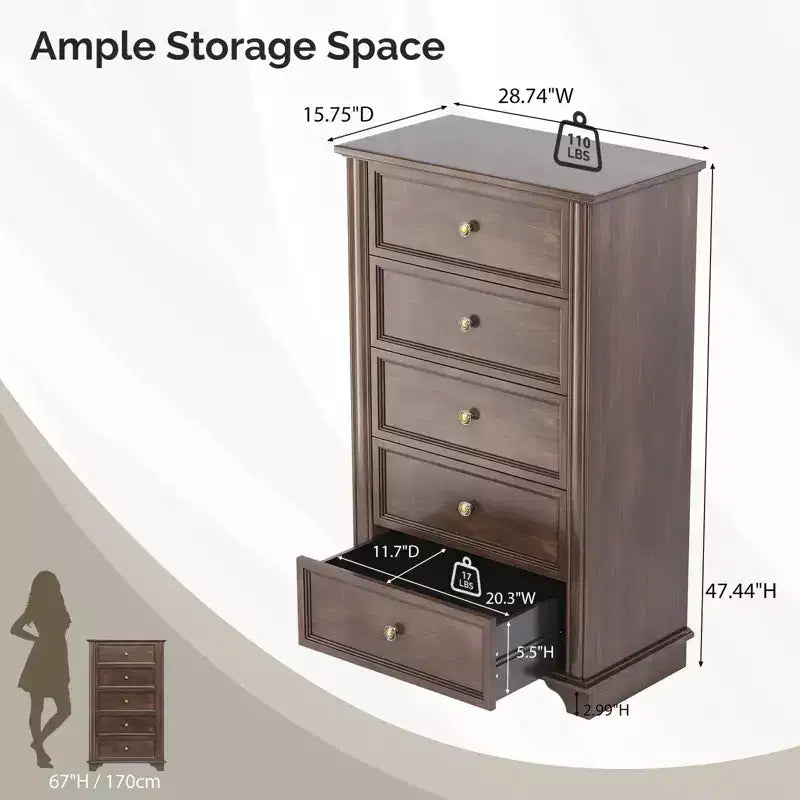 Cómoda de 5 cajones Karl Home, MDF marrón (tablero de fibra de densidad media), 28.74 pulgadas de ancho