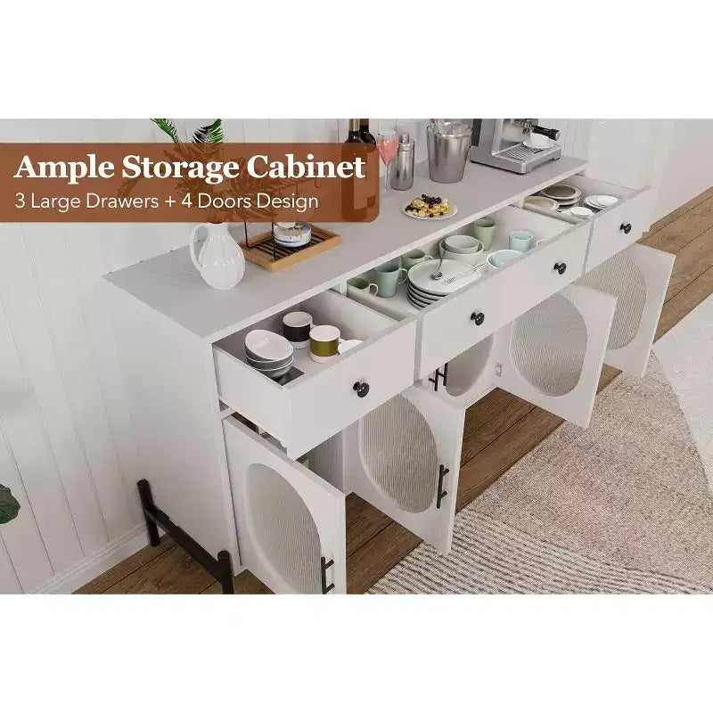 Mueble aparador con almacenamiento, mueble aparador de madera con 3 cajones y 4 puertas de vidrio, mesa aparador tipo barra de café para comedor, cocina