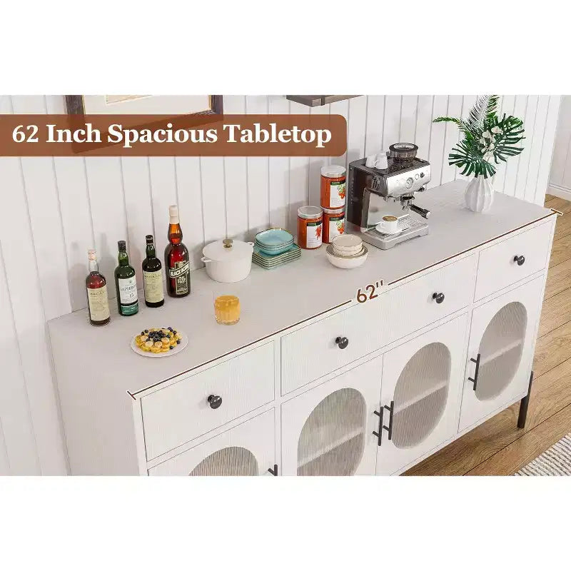 Mueble aparador con almacenamiento, mueble aparador de madera con 3 cajones y 4 puertas de vidrio, mesa aparador tipo barra de café para comedor, cocina