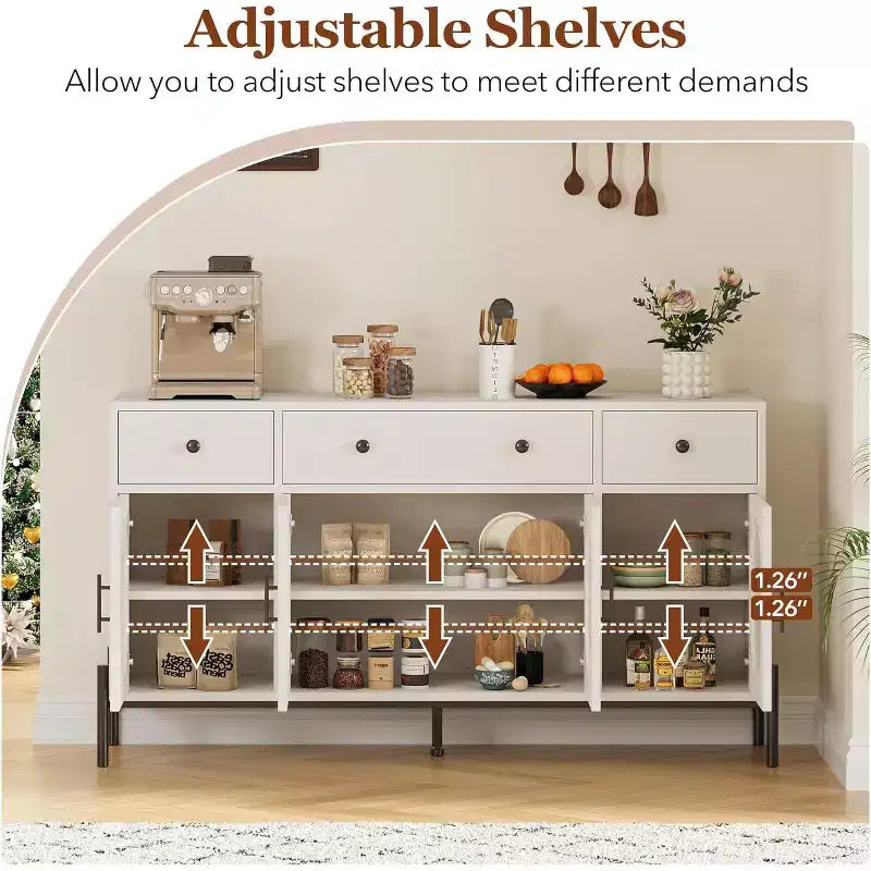 Mueble aparador con almacenamiento, mueble aparador de madera con 3 cajones y 4 puertas de vidrio, mesa aparador tipo barra de café para comedor, cocina