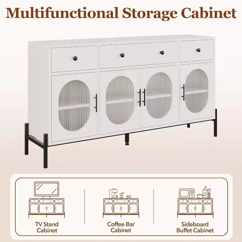 Mueble aparador con almacenamiento, mueble aparador de madera con 3 cajones y 4 puertas de vidrio, mesa aparador tipo barra de café para comedor, cocina