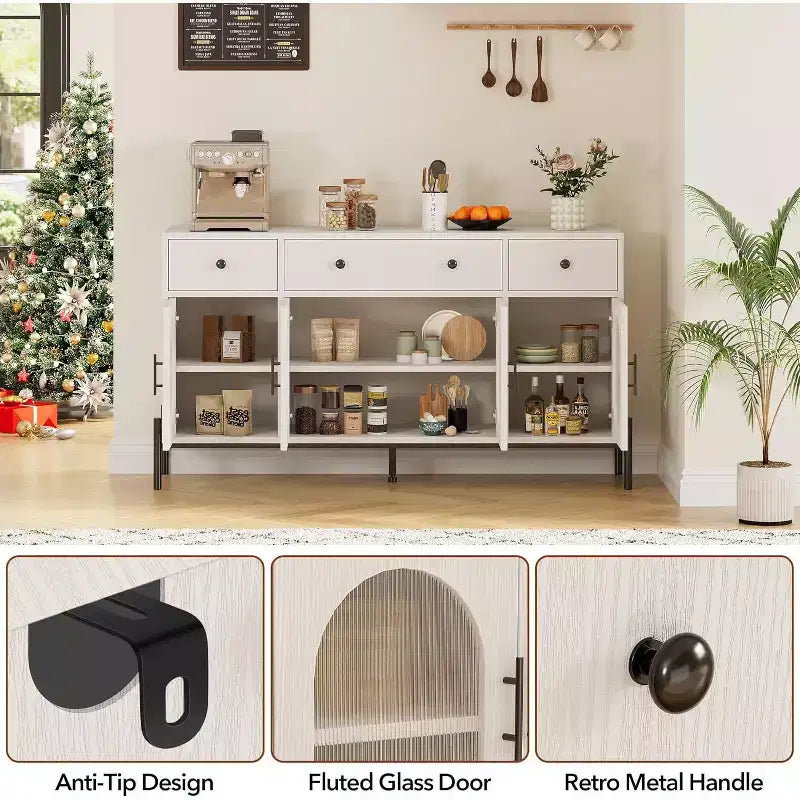 Mueble aparador con almacenamiento, mueble aparador de madera con 3 cajones y 4 puertas de vidrio, mesa aparador tipo barra de café para comedor, cocina