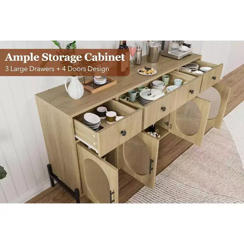 Mueble aparador con almacenamiento, mueble aparador de madera con 3 cajones y 4 puertas de vidrio, mesa aparador tipo barra de café para comedor, cocina