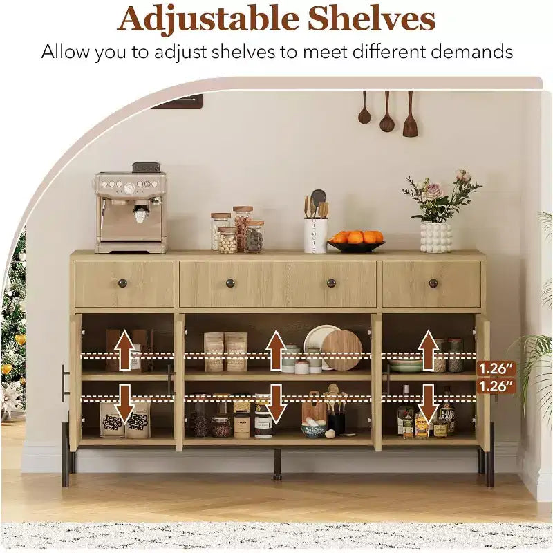 Mueble aparador con almacenamiento, mueble aparador de madera con 3 cajones y 4 puertas de vidrio, mesa aparador tipo barra de café para comedor, cocina