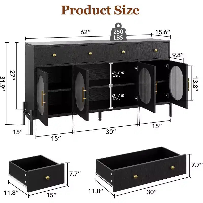 Mueble aparador con almacenamiento, mueble aparador de madera con 3 cajones y 4 puertas de vidrio, mesa aparador tipo barra de café para comedor, cocina