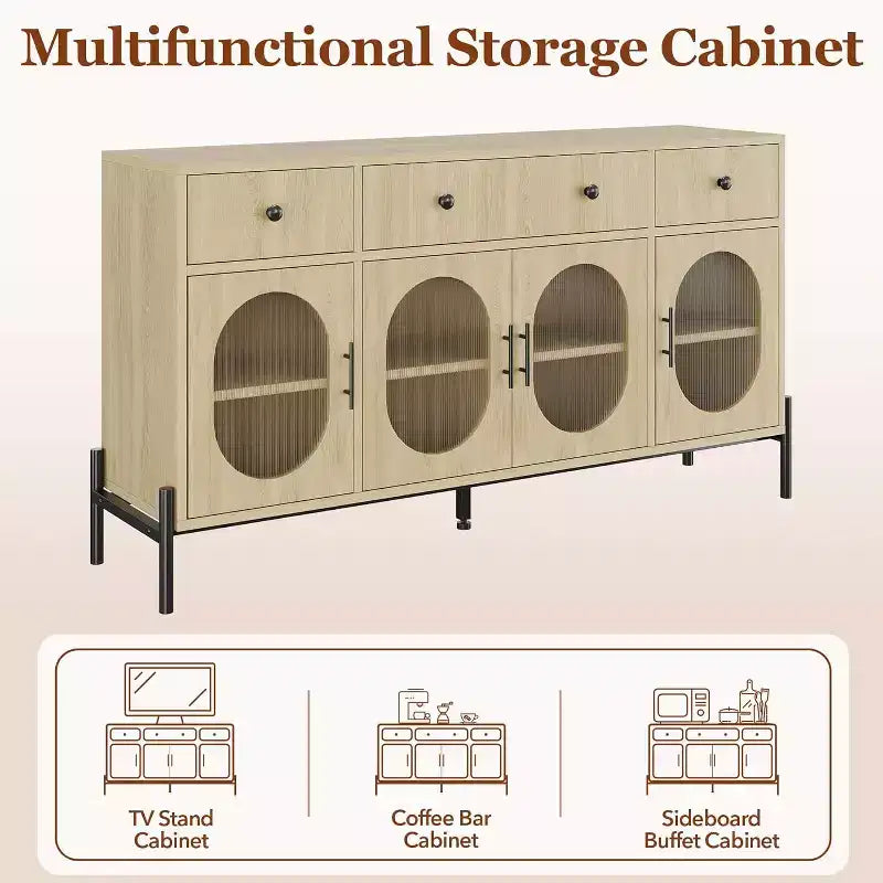Mueble aparador con almacenamiento, mueble aparador de madera con 3 cajones y 4 puertas de vidrio, mesa aparador tipo barra de café para comedor, cocina