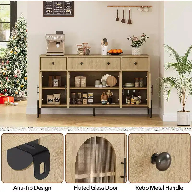Mueble aparador con almacenamiento, mueble aparador de madera con 3 cajones y 4 puertas de vidrio, mesa aparador tipo barra de café para comedor, cocina