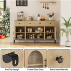 Mueble aparador con almacenamiento, mueble aparador de madera con 3 cajones y 4 puertas de vidrio, mesa aparador tipo barra de café para comedor, cocina