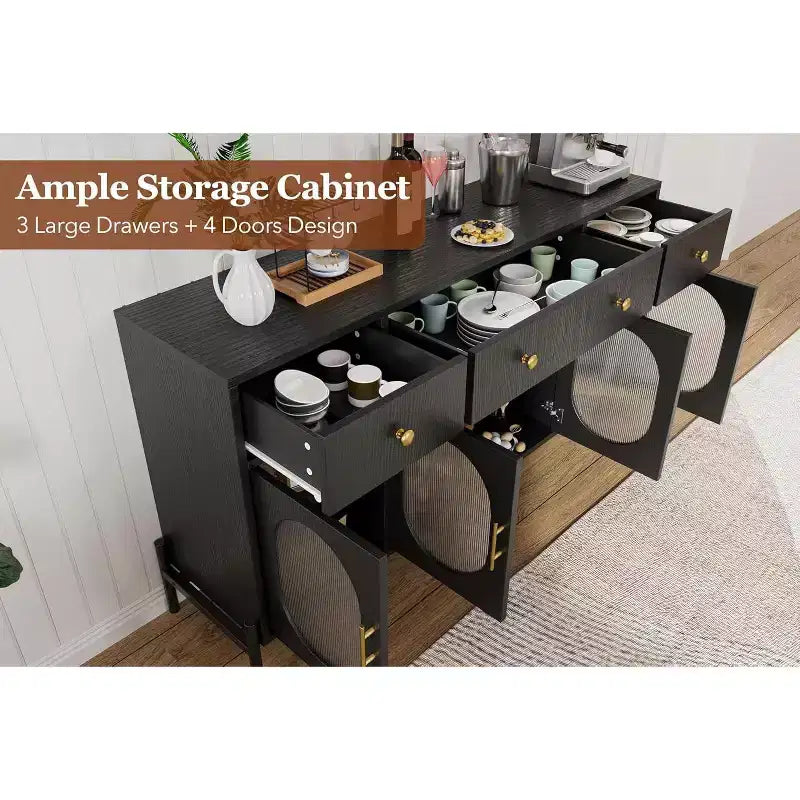 Mueble aparador con almacenamiento, mueble aparador de madera con 3 cajones y 4 puertas de vidrio, mesa aparador tipo barra de café para comedor, cocina