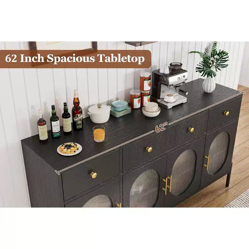 Mueble aparador con almacenamiento, mueble aparador de madera con 3 cajones y 4 puertas de vidrio, mesa aparador tipo barra de café para comedor, cocina