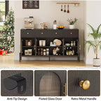Mueble aparador con almacenamiento, mueble aparador de madera con 3 cajones y 4 puertas de vidrio, mesa aparador tipo barra de café para comedor, cocina