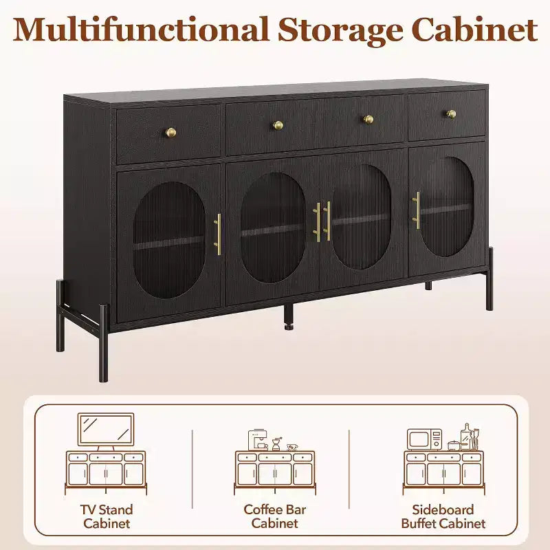 Mueble aparador con almacenamiento, mueble aparador de madera con 3 cajones y 4 puertas de vidrio, mesa aparador tipo barra de café para comedor, cocina