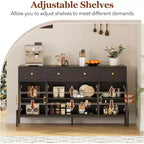 Mueble aparador con almacenamiento, mueble aparador de madera con 3 cajones y 4 puertas de vidrio, mesa aparador tipo barra de café para comedor, cocina