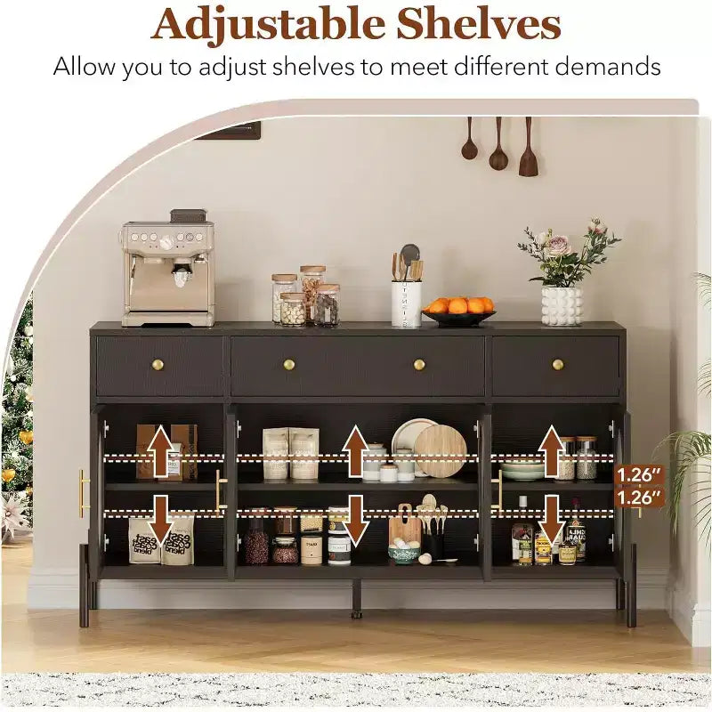 Mueble aparador con almacenamiento, mueble aparador de madera con 3 cajones y 4 puertas de vidrio, mesa aparador tipo barra de café para comedor, cocina