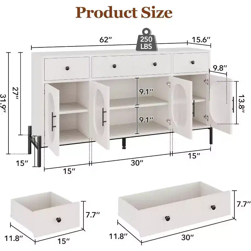 Mueble aparador con almacenamiento, mueble aparador de madera con 3 cajones y 4 puertas de vidrio, mesa aparador tipo barra de café para comedor, cocina