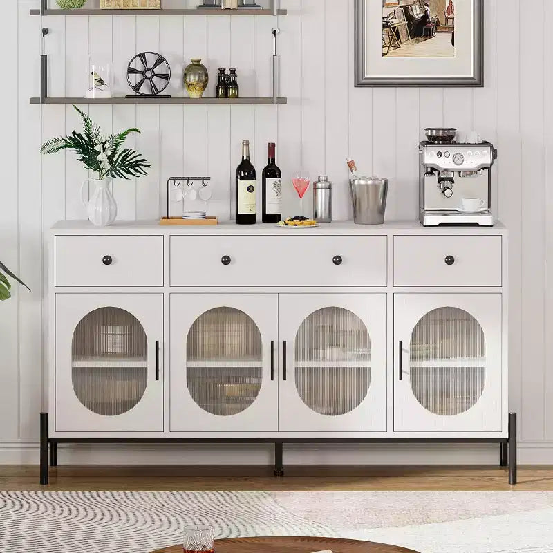 Mueble aparador con almacenamiento, mueble aparador de madera con 3 cajones y 4 puertas de vidrio, mesa aparador tipo barra de café para comedor, cocina