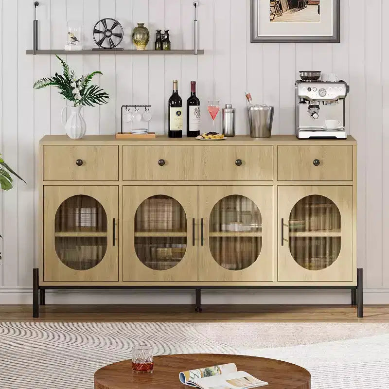 Mueble aparador con almacenamiento, mueble aparador de madera con 3 cajones y 4 puertas de vidrio, mesa aparador tipo barra de café para comedor, cocina