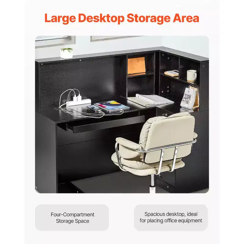 Mostrador de recepción VEVOR, mesa de mostrador frontal en forma de L de 55 pulgadas, mostrador de recepción de oficina con cajón, bandeja para teclado y armario de almacenamiento, negro