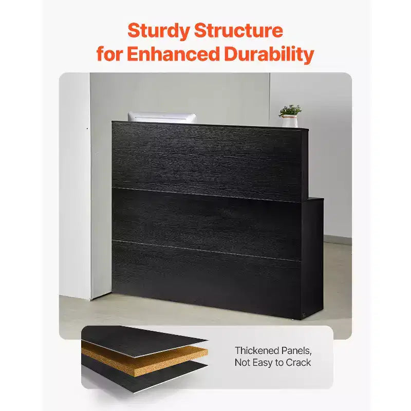 Mostrador de recepción VEVOR, mesa de mostrador frontal en forma de L de 55 pulgadas, mostrador de recepción de oficina con cajón, bandeja para teclado y armario de almacenamiento, negro