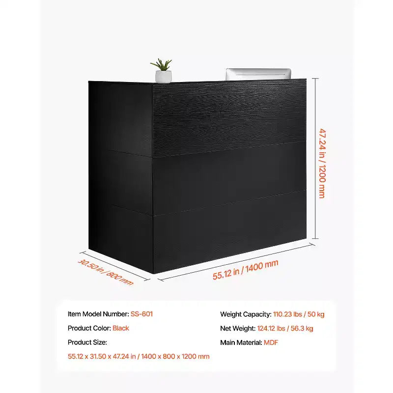 Mostrador de recepción VEVOR, mesa de mostrador frontal en forma de L de 55 pulgadas, mostrador de recepción de oficina con cajón, bandeja para teclado y armario de almacenamiento, negro