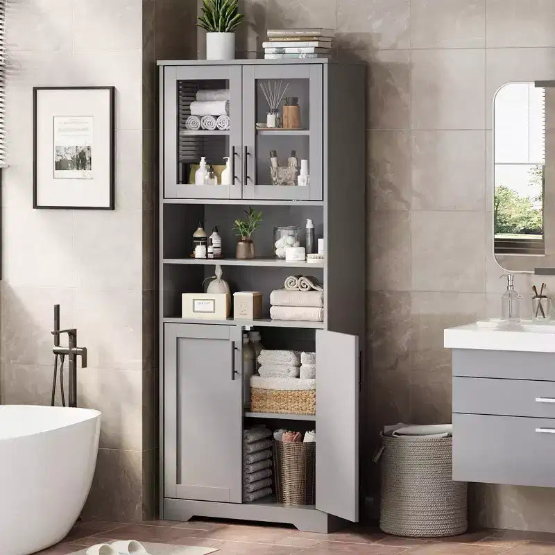 GustoWave Mueble alto de baño, mueble de almacenamiento de baño independiente con puertas de vidrio y estantes ajustables, armario de almacenamiento moderno de 67"