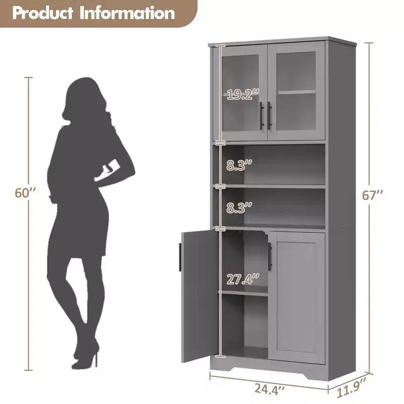 GustoWave Mueble alto de baño, mueble de almacenamiento de baño independiente con puertas de vidrio y estantes ajustables, armario de almacenamiento moderno de 67"