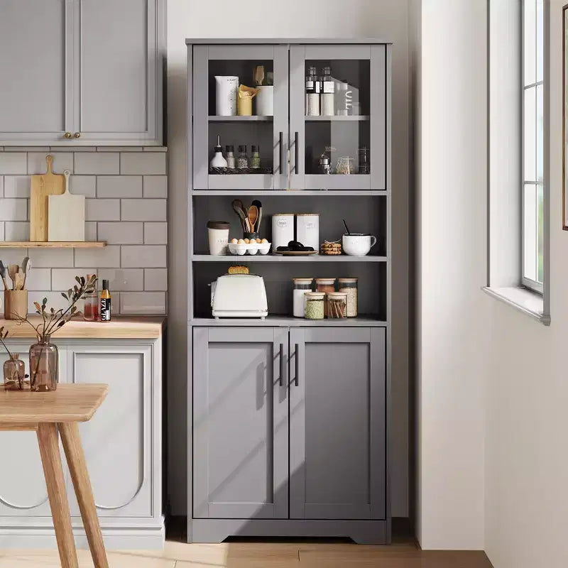 GustoWave Mueble alto de baño, mueble de almacenamiento de baño independiente con puertas de vidrio y estantes ajustables, armario de almacenamiento moderno de 67"