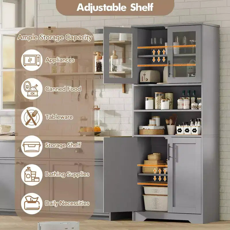 GustoWave Mueble alto de baño, mueble de almacenamiento de baño independiente con puertas de vidrio y estantes ajustables, armario de almacenamiento moderno de 67"