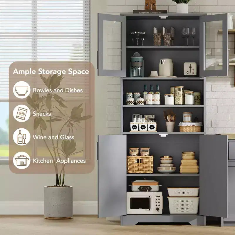 GustoWave Mueble alto de baño, mueble de almacenamiento de baño independiente con puertas de vidrio y estantes ajustables, armario de almacenamiento moderno de 67"
