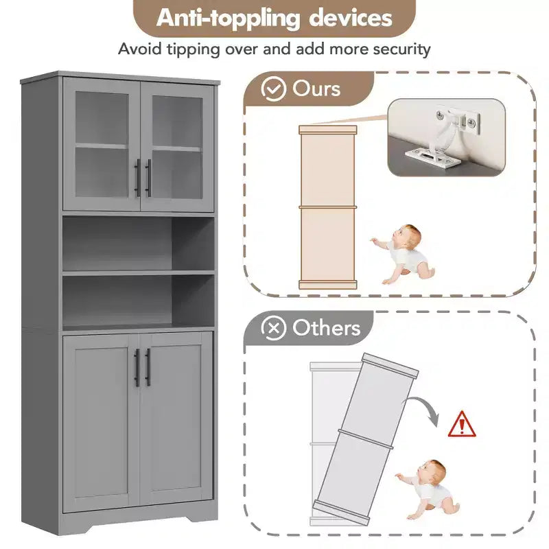 GustoWave Mueble alto de baño, mueble de almacenamiento de baño independiente con puertas de vidrio y estantes ajustables, armario de almacenamiento moderno de 67"