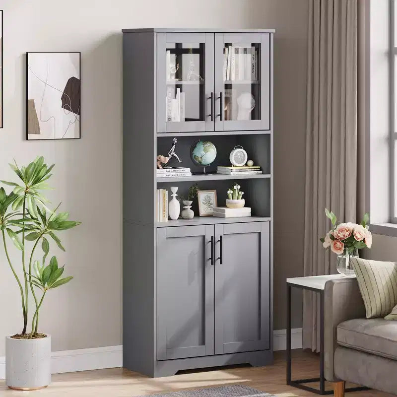 GustoWave Mueble alto de baño, mueble de almacenamiento de baño independiente con puertas de vidrio y estantes ajustables, armario de almacenamiento moderno de 67"