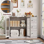 Aparador de bufé gris de 43 pulgadas y cómoda de almacenamiento con diseño de barandilla, estantes ajustables y 3 cajones para cocina, comedor y sala de estar