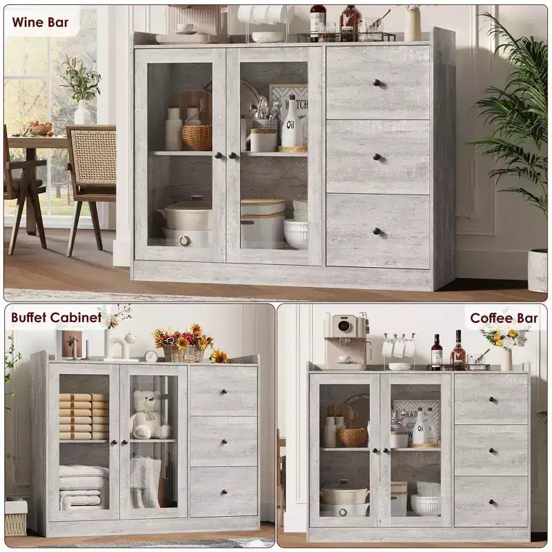 Aparador de bufé gris de 43 pulgadas y cómoda de almacenamiento con diseño de barandilla, estantes ajustables y 3 cajones para cocina, comedor y sala de estar