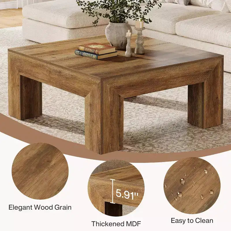 Mesa de centro cuadrada Lantine de 39.4 pulgadas para sala de estar, mesa auxiliar de cóctel estilo rústico con patas de madera resistentes, fácil montaje