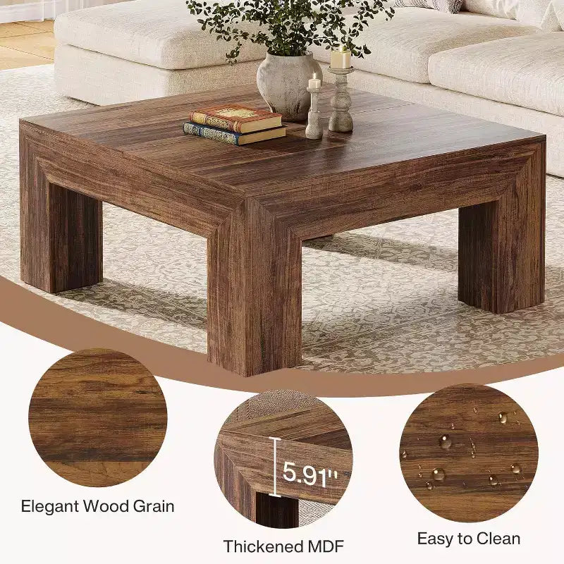 Mesa de centro cuadrada Lantine de 39.4 pulgadas para sala de estar, mesa auxiliar de cóctel estilo rústico con patas de madera resistentes, fácil montaje