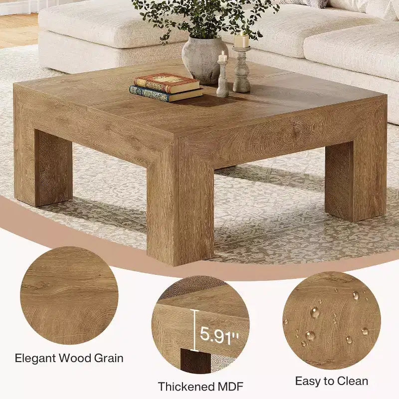 Mesa de centro cuadrada Lantine de 39.4 pulgadas para sala de estar, mesa auxiliar de cóctel estilo rústico con patas de madera resistentes, fácil montaje