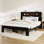 Estructura de cama de tamaño matrimonial/queen/king, plataforma de madera con cabecero con luz LED y 2 USB, sin ruido, no necesita somier, amplio almacenamiento debajo de la cama, negro oscuro