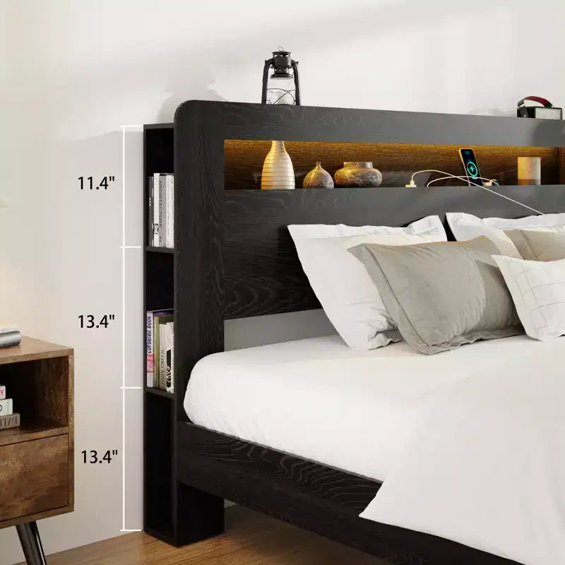 Estructura de cama de tamaño matrimonial/queen/king, plataforma de madera con cabecero con luz LED y 2 USB, sin ruido, no necesita somier, amplio almacenamiento debajo de la cama, negro oscuro