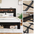 Estructura de cama de tamaño matrimonial/queen/king, plataforma de madera con cabecero con luz LED y 2 USB, sin ruido, no necesita somier, amplio almacenamiento debajo de la cama, negro oscuro