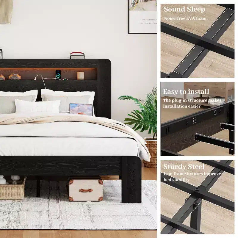 Estructura de cama de tamaño matrimonial/queen/king, plataforma de madera con cabecero con luz LED y 2 USB, sin ruido, no necesita somier, amplio almacenamiento debajo de la cama, negro oscuro