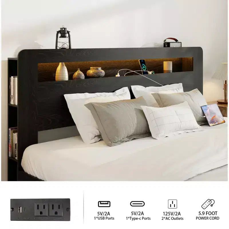 Estructura de cama de tamaño matrimonial/queen/king, plataforma de madera con cabecero con luz LED y 2 USB, sin ruido, no necesita somier, amplio almacenamiento debajo de la cama, negro oscuro