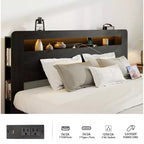 Estructura de cama de tamaño matrimonial/queen/king, plataforma de madera con cabecero con luz LED y 2 USB, sin ruido, no necesita somier, amplio almacenamiento debajo de la cama, negro oscuro