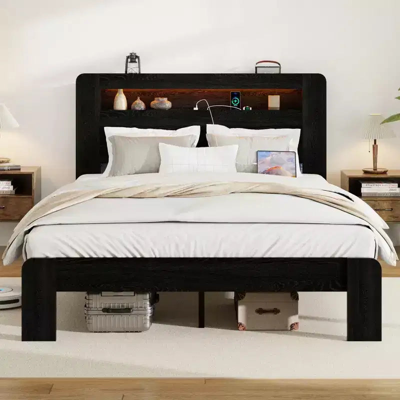 Estructura de cama de tamaño matrimonial/queen/king, plataforma de madera con cabecero con luz LED y 2 USB, sin ruido, no necesita somier, amplio almacenamiento debajo de la cama, negro oscuro
