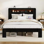 Estructura de cama de tamaño matrimonial/queen/king, plataforma de madera con cabecero con luz LED y 2 USB, sin ruido, no necesita somier, amplio almacenamiento debajo de la cama, negro oscuro