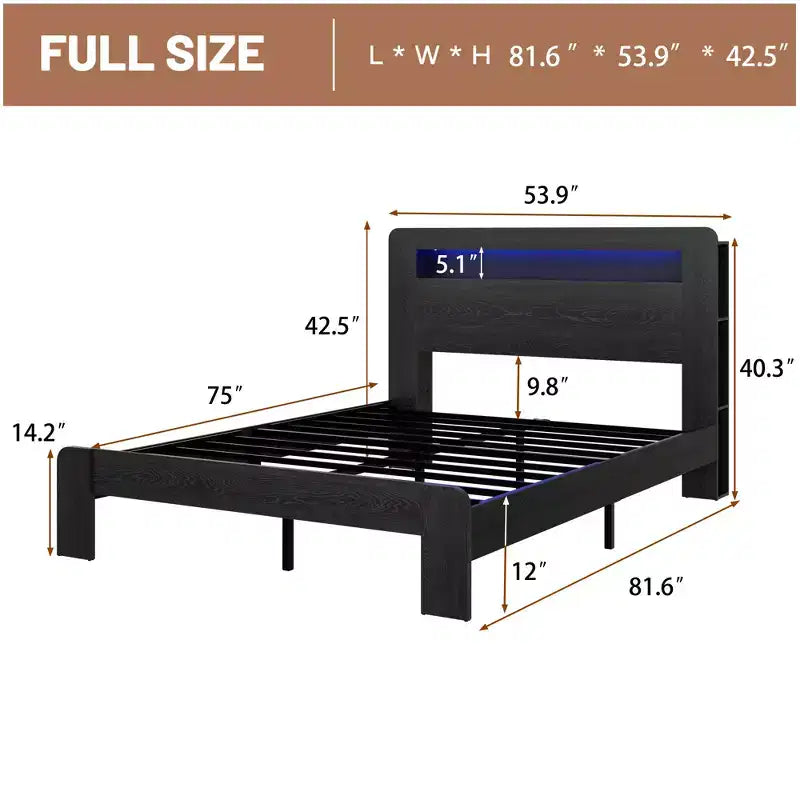 Estructura de cama de tamaño matrimonial/queen/king, plataforma de madera con cabecero con luz LED y 2 USB, sin ruido, no necesita somier, amplio almacenamiento debajo de la cama, negro oscuro