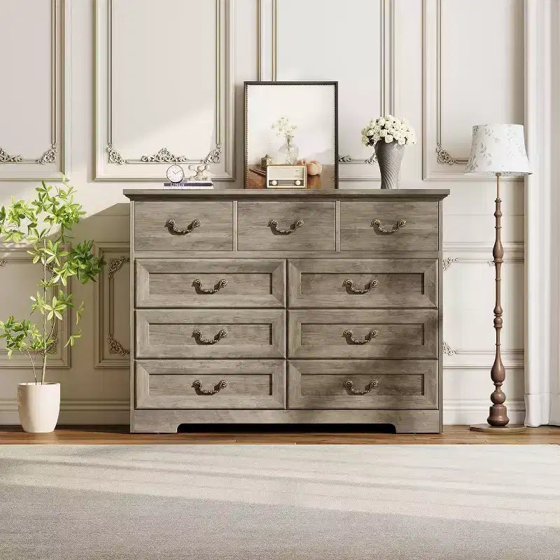 Cómoda de 9 cajones estilo casa de campo para dormitorio - Tocador rústico vintage de madera para ropa y artículos esenciales, organizador versátil para dormitorio, sala de estar y pasillo