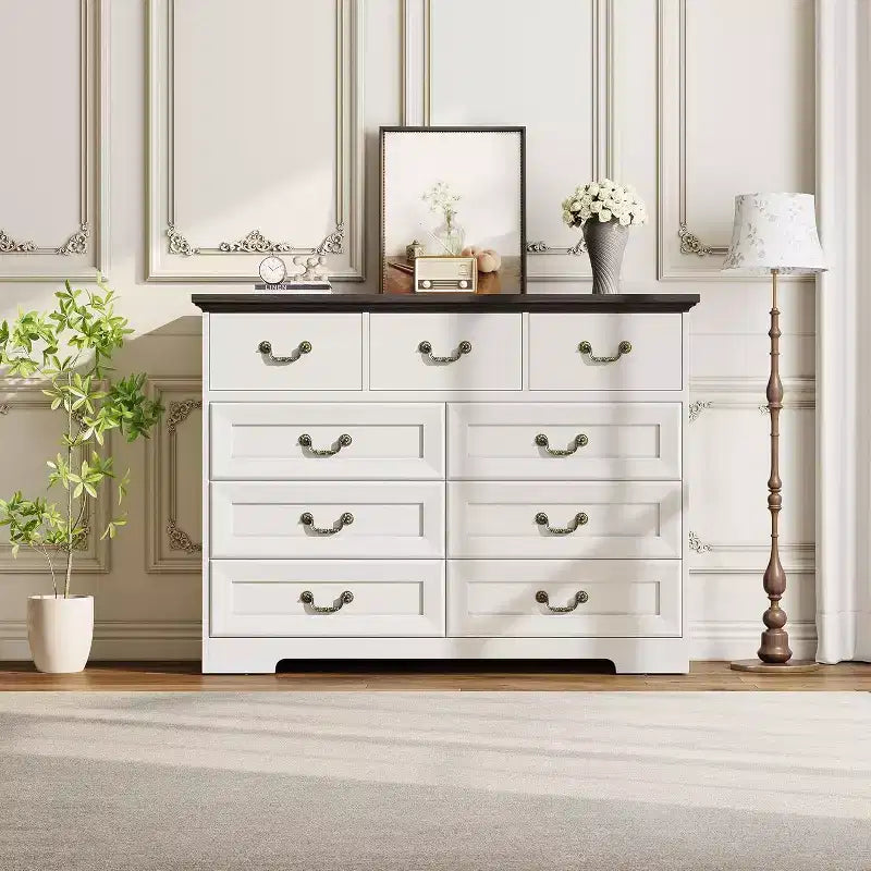 Cómoda de 9 cajones estilo casa de campo para dormitorio - Tocador rústico vintage de madera para ropa y artículos esenciales, organizador versátil para dormitorio, sala de estar y pasillo