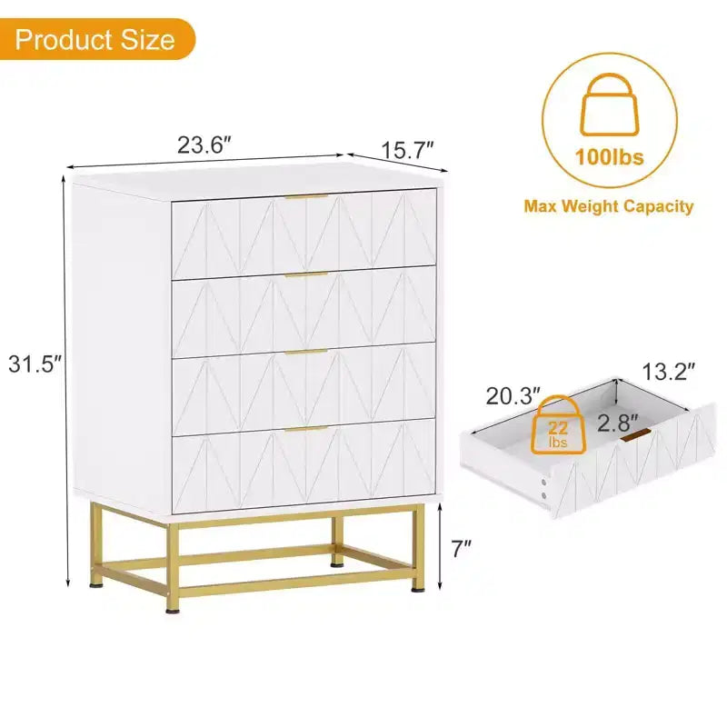 Cómoda Coolmee de 4 cajones, cajones modernos, organizador de cajones con patas de metal, armario de almacenamiento para dormitorio, sala de estar, pasillo, armario