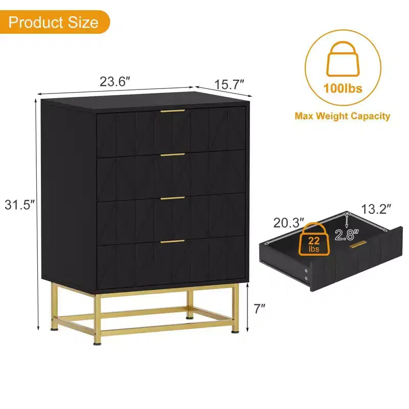 Cómoda Coolmee de 4 cajones, cajones modernos, organizador de cajones con patas de metal, armario de almacenamiento para dormitorio, sala de estar, pasillo, armario