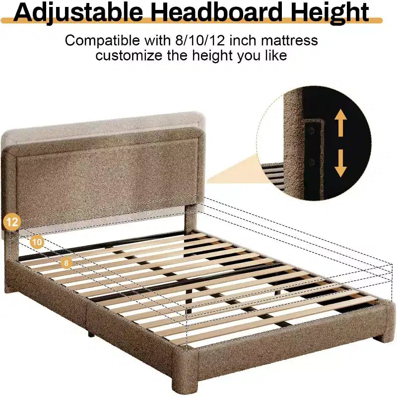 Base de cama Dyonery Boucle, base de cama de tela de peluche tapizada en negro con cabecero, no requiere somier, cabecero ajustable, fácil montaje